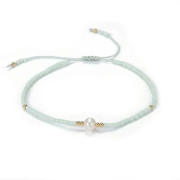 Handcrafted Real Freshwater Pearl Pale Mint Green Japanese Glass Beads Bracelet - Picture 2 of 3